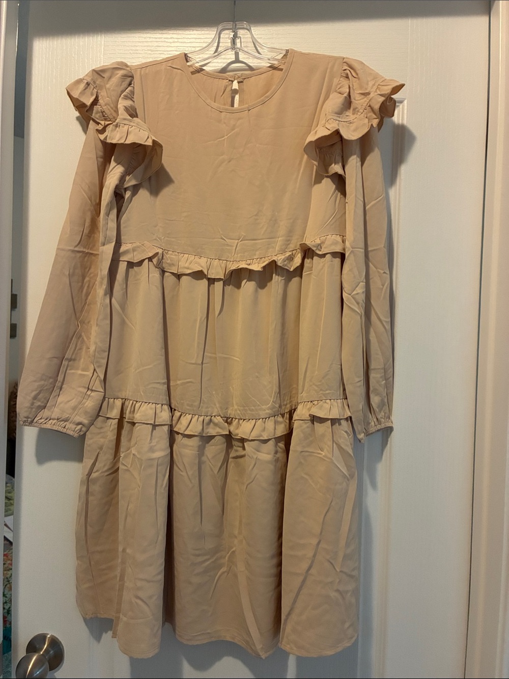 Long Sleeve Ruffle Tiered Midi Dress in Beige